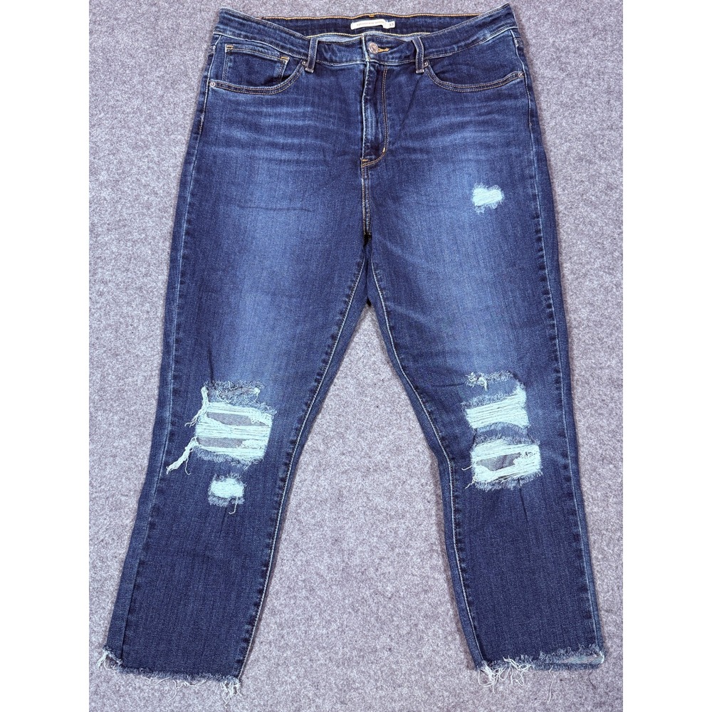 Levis 721 High Rise Skinny Jeans 33 Dark Indigo Distressed Ripped Raw Hem Crop